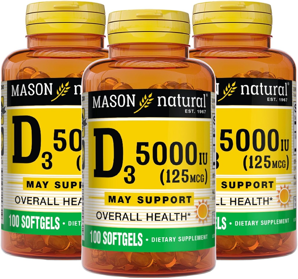 MASON NATURAL Vitamin D3 125 mcg (5000 IU) - Supports Overall Health, Strengthens Bones and Muscles, from Fish Liver Oil, 50 Softgels (Pack of 3)