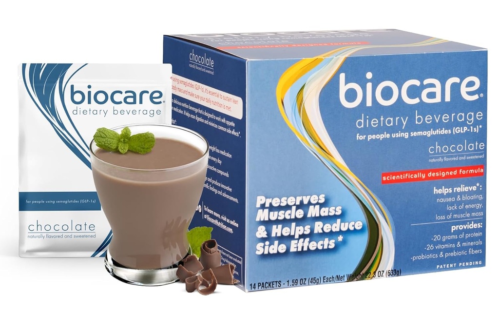 Biocare Nutritional Beverage for GLP-1 Users, Dietary Powder Drink Provides 20g Essential Protein, 26 Vitamins/Minerals, Helps Ease Nausea, Bloating, Constipation, Chocolate (14 Count)