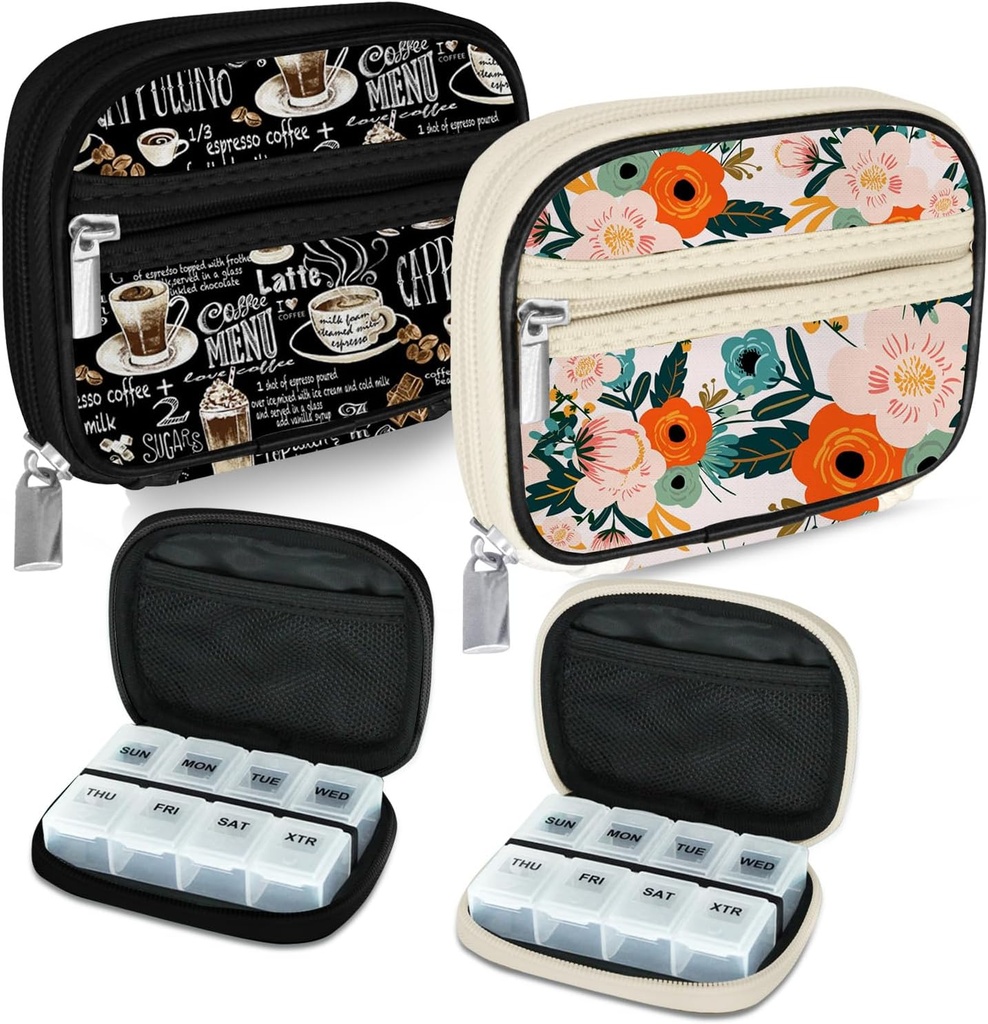 Serfeymi Weekly Travel Pill Organizer Pill Case for Purse with Removable 7 Day Pill Box, Fashionable Travel Medicine Organizer Pill Container for Medicine, Vitamin, Supplement - Black 02 + Bloom 01