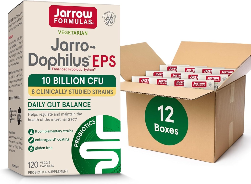 Jarrow Formulas Jarro-Dophilus EPS Probiotics 10 Billion CFU for Intestinal Tract Support, Probiotic Supplement for Gut Health for Women and Men, 120 Veggie Capsules, Up to a 60 Day Supply,Pack of 12