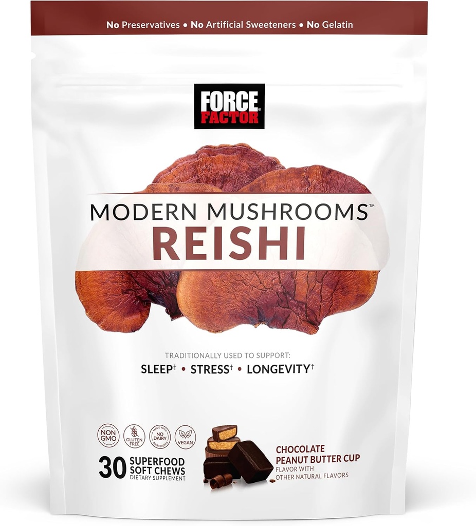 FORCE FACTOR Modern Mushrooms Soft Chews, Reishi Mushroom Supplement to Support Sleep, Stress Relief, & Longevity, Antioxidants Supplement, Delicious Chocolate Peanut Butter Cup Flavor, 30 Soft Chews