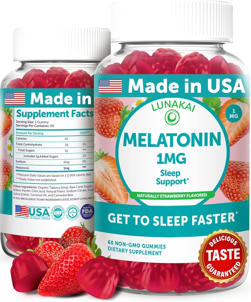 Lunakai USA Made Low Dose Melatonin Gummies 1mg - Gentle Sleep Aid for Adults & Kids - Non-GMO, Vegan, Gluten-Free - 60 Count