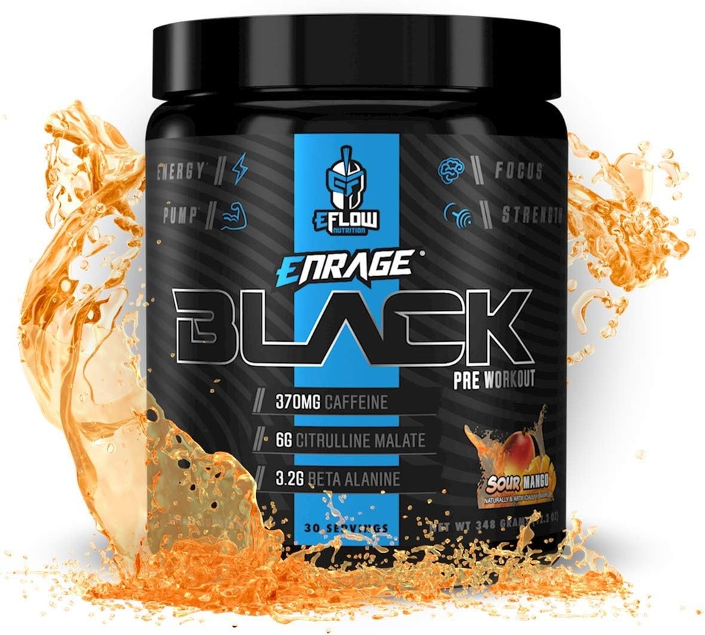 eFlow Nutrition Enrage Black High Stimulant Pre Workout Supplement - Preworkout Powder to Boost Energy, Pumps and Strength - 4 Flavors (30 Servings) (Sour Mango)
