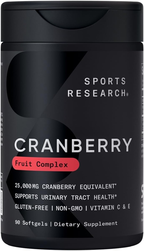 Sports Research Cranberry Fruit Complex Supplement - Softgels for Urinary Tract Health Support - Equal to 25,000mg of Cranberries, Made with Pacran & Vitamins C & E - Non-GMO & Gluten Free - 90 Count