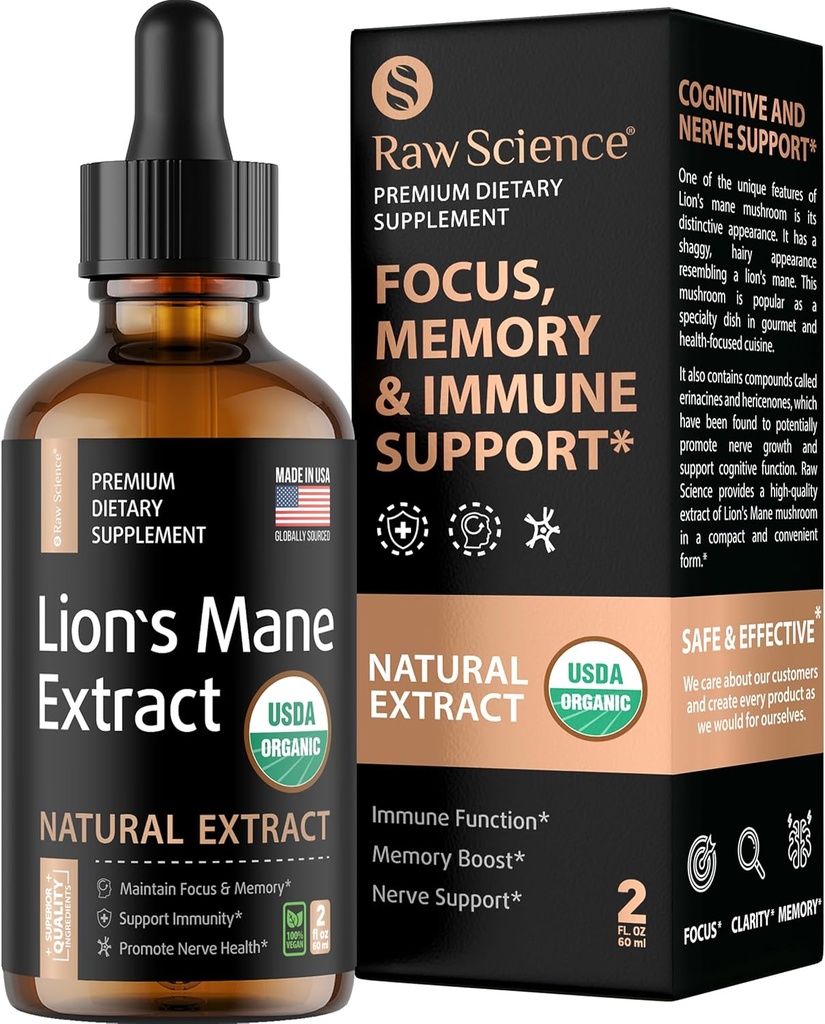 Organic Lions Mane Supplement Extract - Liquid Nootropics Brain Support Supplement - Lion Mane for Enhanced Mental Focus & Clarity - Lion's Mane Liquid - Nootropic Mushroom Supplement - Vegan, 2 fl oz