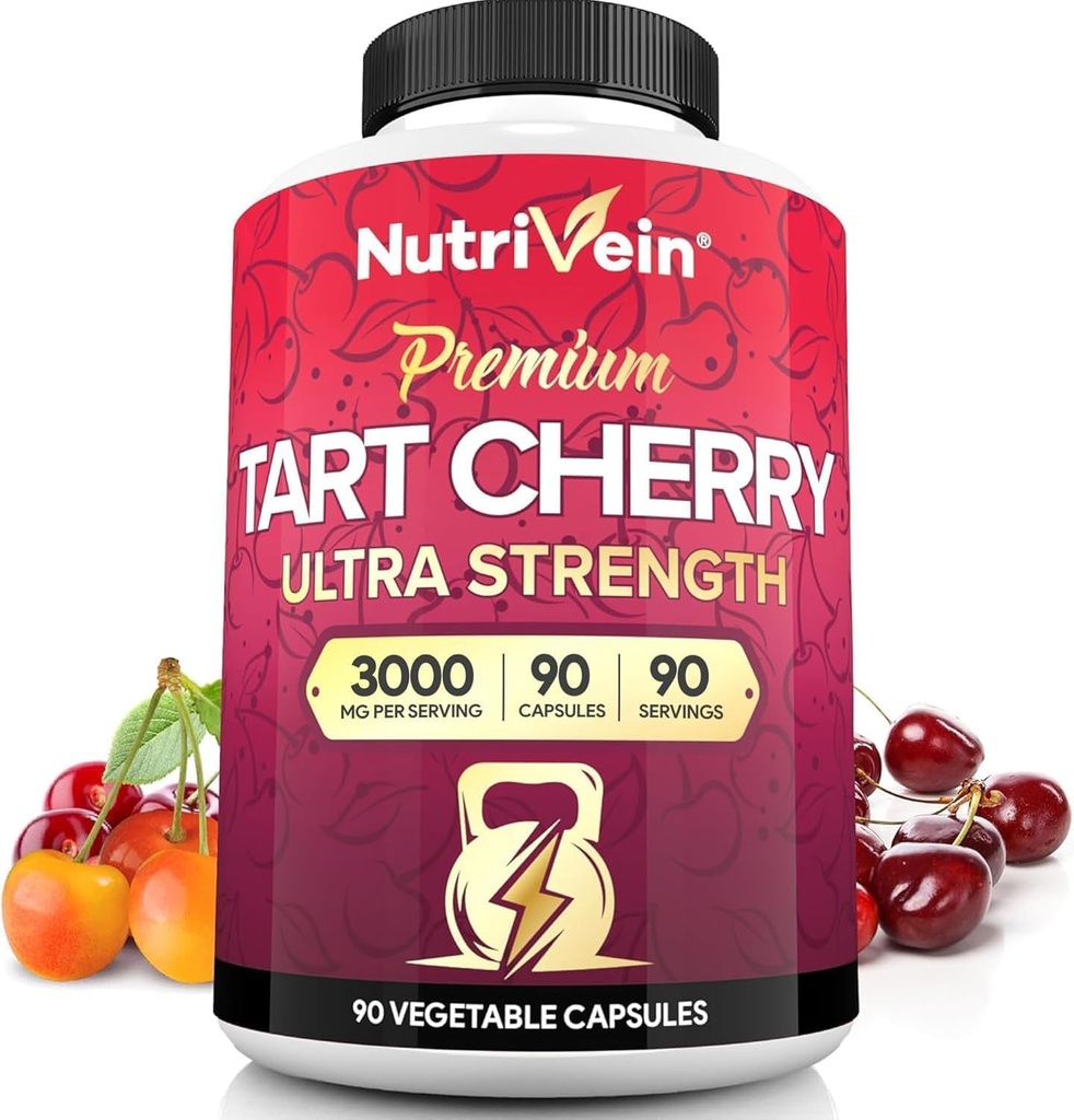 Nutrivein Premium Tart Cherry Capsules 3000mg: Ultra Strength Tart Cherry Extract Supplement for Post-Athletic Recovery, Detox, Rest, & Mobility