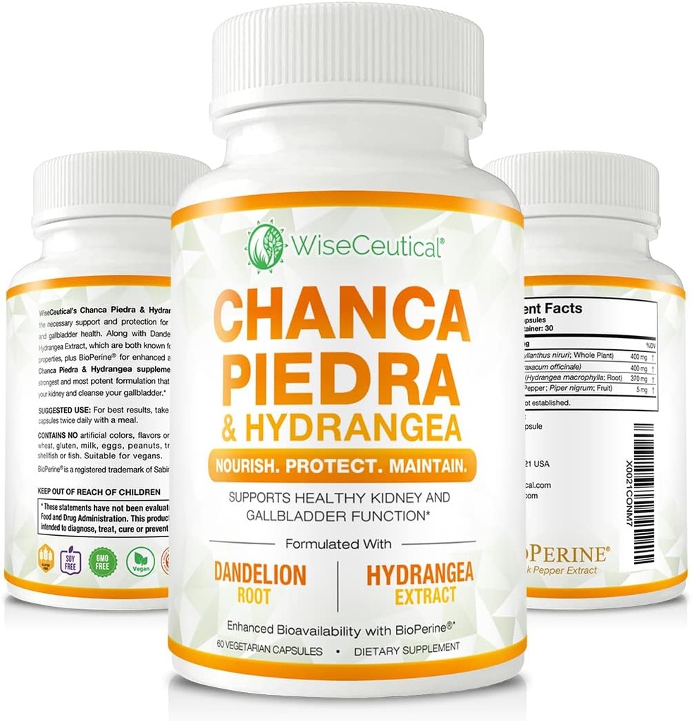 Max Strength Chanca Piedra, Hydrangea & Dandelion Root - Natural Kidney & Gallbladder Formula - Stone Breaker, Flush Impurities, Cleanse Urinary Tract - Enhanced with BioPerine. 60 Veggie Capsules.