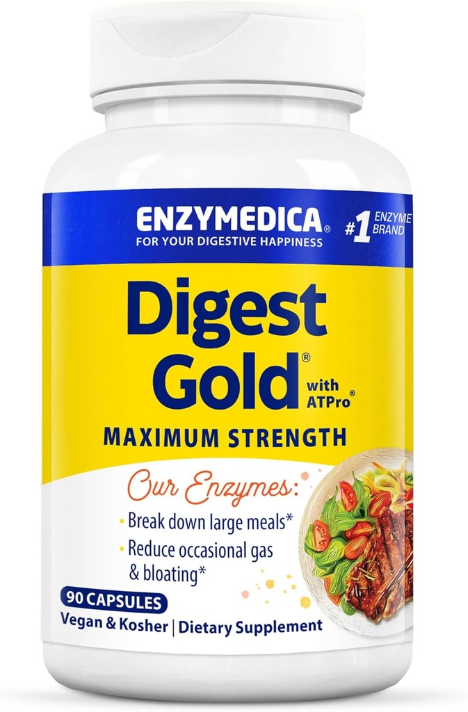 Enzymedica Digest Gold + ATPro, Maximum Strength, Fast-Acting, Helps Digest Large Meals, for Bloating and Gas, 90 Capsules