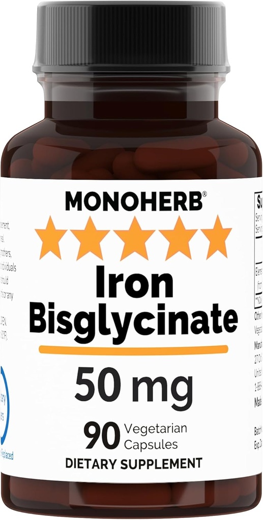 Iron Bisglycinate 50 mg - 90 Veg Capsules - 50 mg of Elemental Iron per Capsule