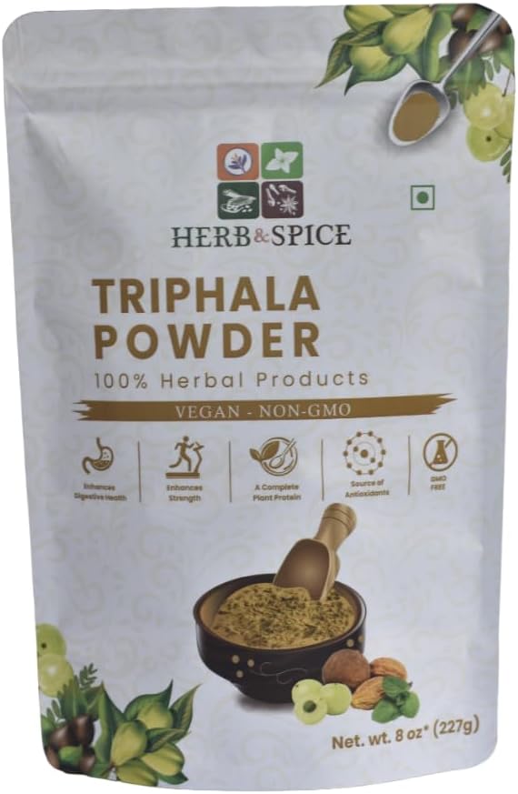 Triphala Powder Non GMO, Gluten Free, 100% Raw, Sourced from India, Herbal Formula of Amla, Haritaki, Bibhitaki, Packed in Resealable Zip Lock Pouch (227 Gram)