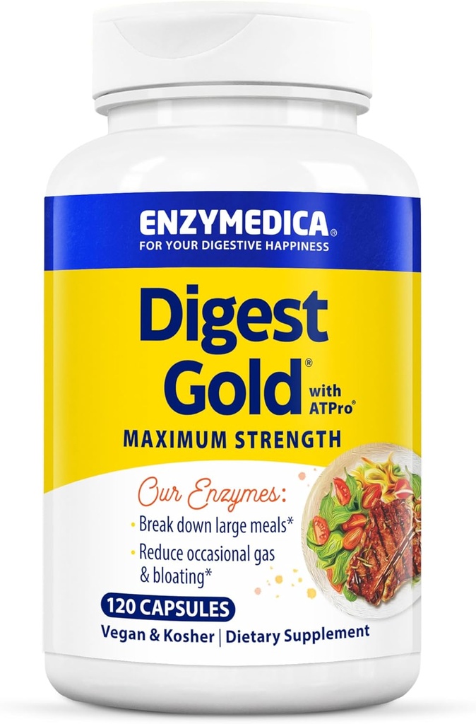 Enzymedica Digest Gold + ATPro, Maximum Strength Digestive Enzymes, Helps Digest Large Meals, for Gas and Bloating, 120 Capsules