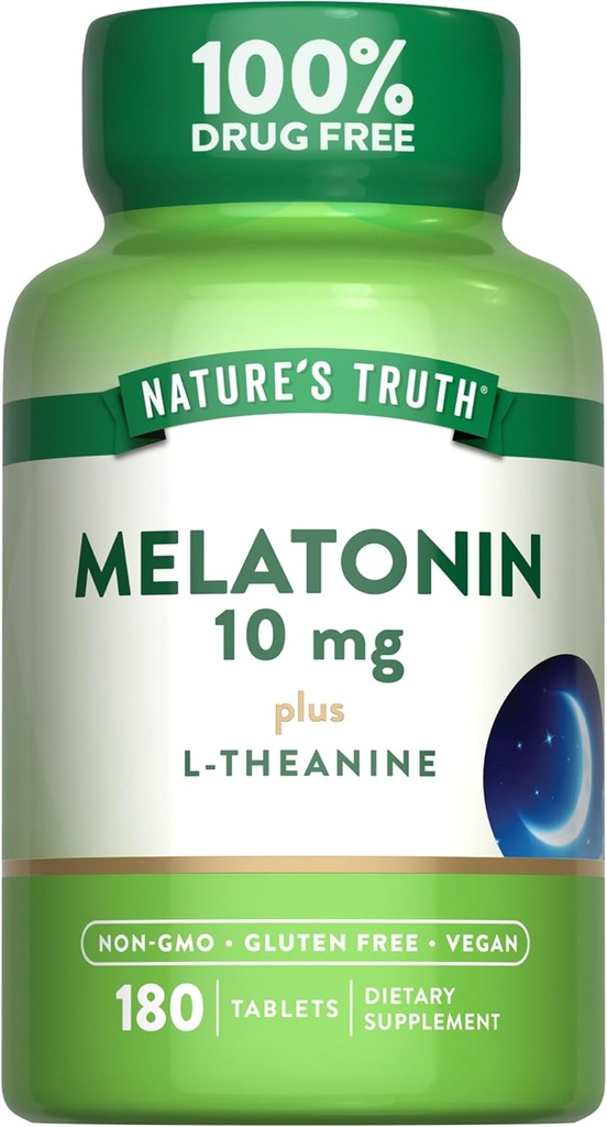 Nature's Truth Melatonin Tablets | 10mg | 180 Count | with L-Theanine | 100% Drug Free Supplement for Adults | Vegan, Non-GMO & Gluten Free Supplement