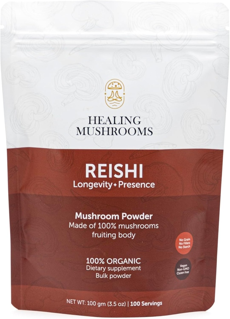 Reishi Pure Powder, Organic Mushroom Supplement for Immune Support, Longevity, Mood, Sleep, No Fillers, Non-GMO