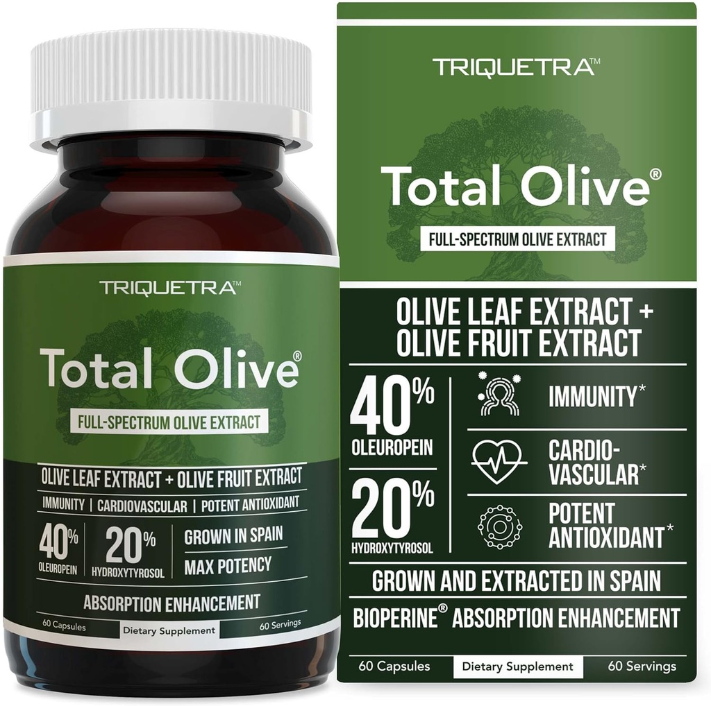 Total Olive® - Olive Leaf Extract (40% Oleuropein) Plus Olive Fruit Extract (20% Hydroxytyrosol) – Full Spectrum Extract Grown & Extracted in Spain – BioPerine Absorption Enhancement (60 Count)