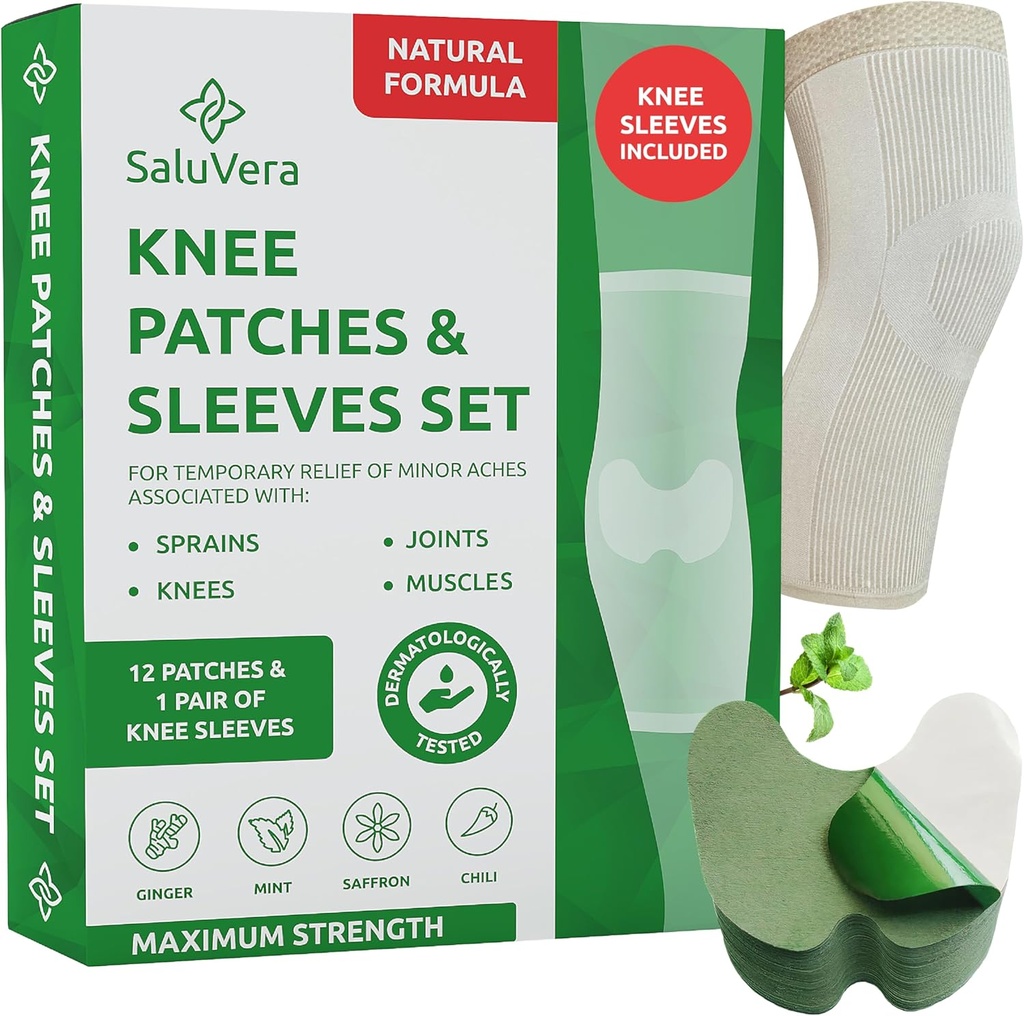 Warming Herbal Knee Patches with 2 Compression Sleeves - Self-Heating Relief Patches for Men & Women, Natural Ingredients for Soothing Support (12 Patch + 2 Compression Sleeves)