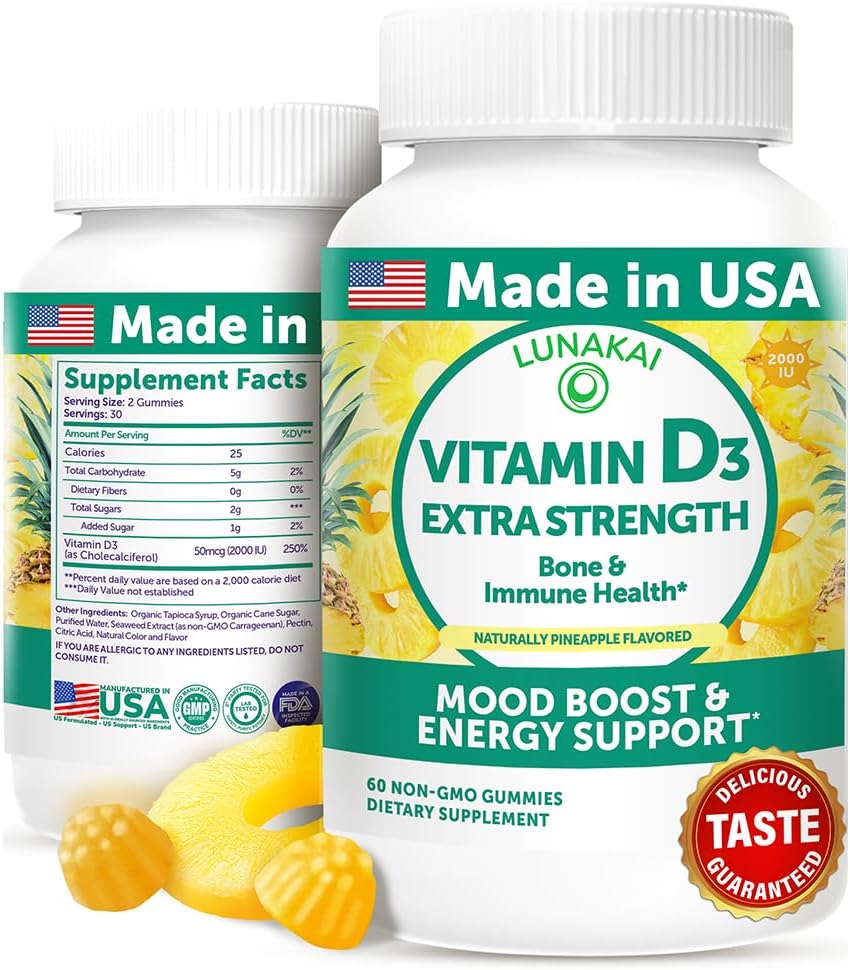 Lunakai USA Made Vitamin D3 Gummies 2000 IU - Non-GMO, Gluten-Free Vitamin D Gummies for Women & Men - Bone, Immune & Energy Support, 60ct
