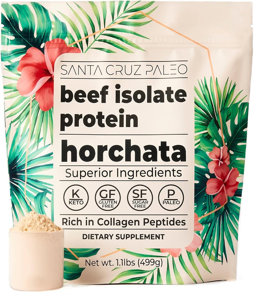 Santa Cruz Paleo Beef Isolate Protein Powder, Horchata, Rich in Collagen Peptides, Gluten Free, Keto, Sugar Free, Paleo, 20g Grass Fed Protein Per Serving, Low Calorie Clean Protein Powder, 1.11 Lbs