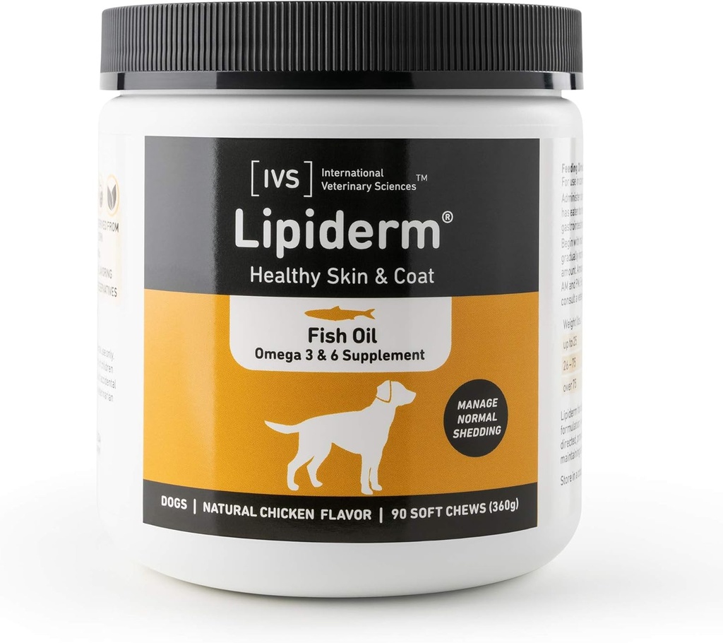 New International Veterinary Sciences IVS Lipiderm Skin and Coat Fish Oil Omega 3 and 6 Dietary Supplement Dogs, Made in The USA (Soft Chews, 90 Count)