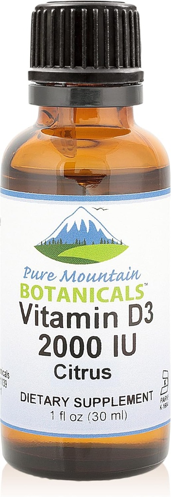 Pure Mountain Botanicals Flavored Vitamin D Drops – Orange and Lemon Flavored Liquid Vitamin D3-2000iu per Serving - 1oz Bottle