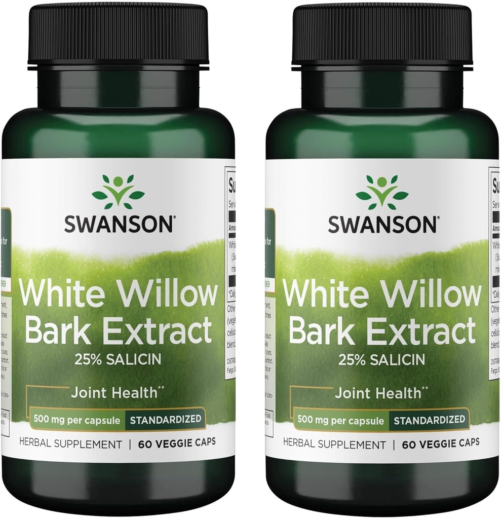 Swanson Maximum Strength White Willow Bark Extract-Promotes Joint Support & Muscle Relief-Standardized to 25% Salicin-Natural Supplement with No Stomach Irritation (60 Veggie Caps, 500mg Each) 2 Pack