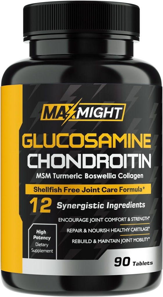 Glucosamine Chondroitin MSM Turmeric, Boswellia, 12-in-1, Joint Comfort, Mobility, Lubrication & Strength for Men Women & Senior, 90 Tab, No Shellfish