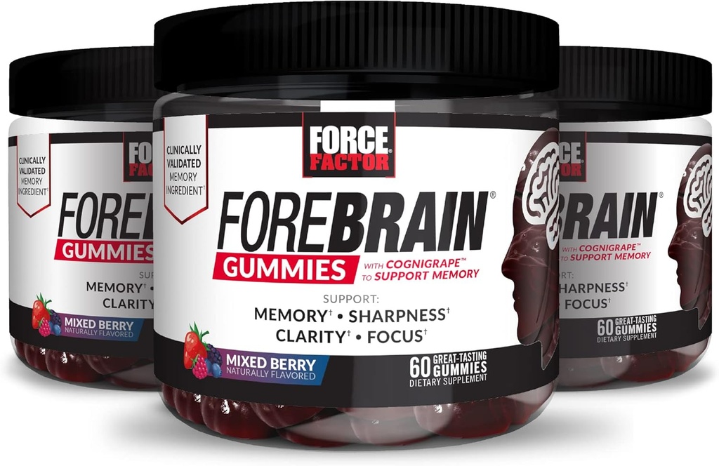 FORCE FACTOR Forebrain Gummies, 3-Pack, Nootropic Brain Support Supplement for Memory & Focus, Brain Vitamin with COGNIGRAPE & Huperzine A, Focus Gummies to Support Recall & Sharpness, 180 Gummies