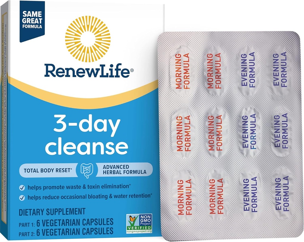 yhn Total Body Reset Adult 3-Day Cleanse Supplement, one 12-Count Box of Vegetarian Capsules of Renew Life 3-Day Cleanse Total Body,12 Count