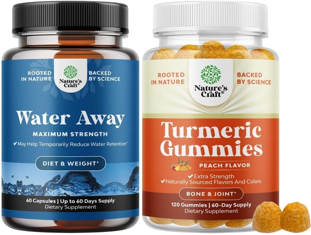 Bundle of Water Away Pills Maximum Strength for Water Retention for Fast Acting Bloating Relief and Turmeric Gummies for Adults Peach Flavor - Extra Strength Joint Support Gummies