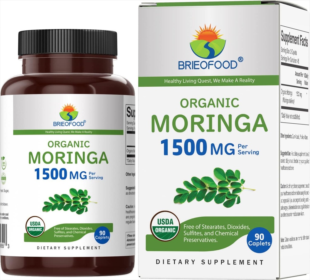 Brieofood Organic Moringa 1500mg, 45 Servings, Vegetarian, Gluten Free, 90 Vegetarian Tablets