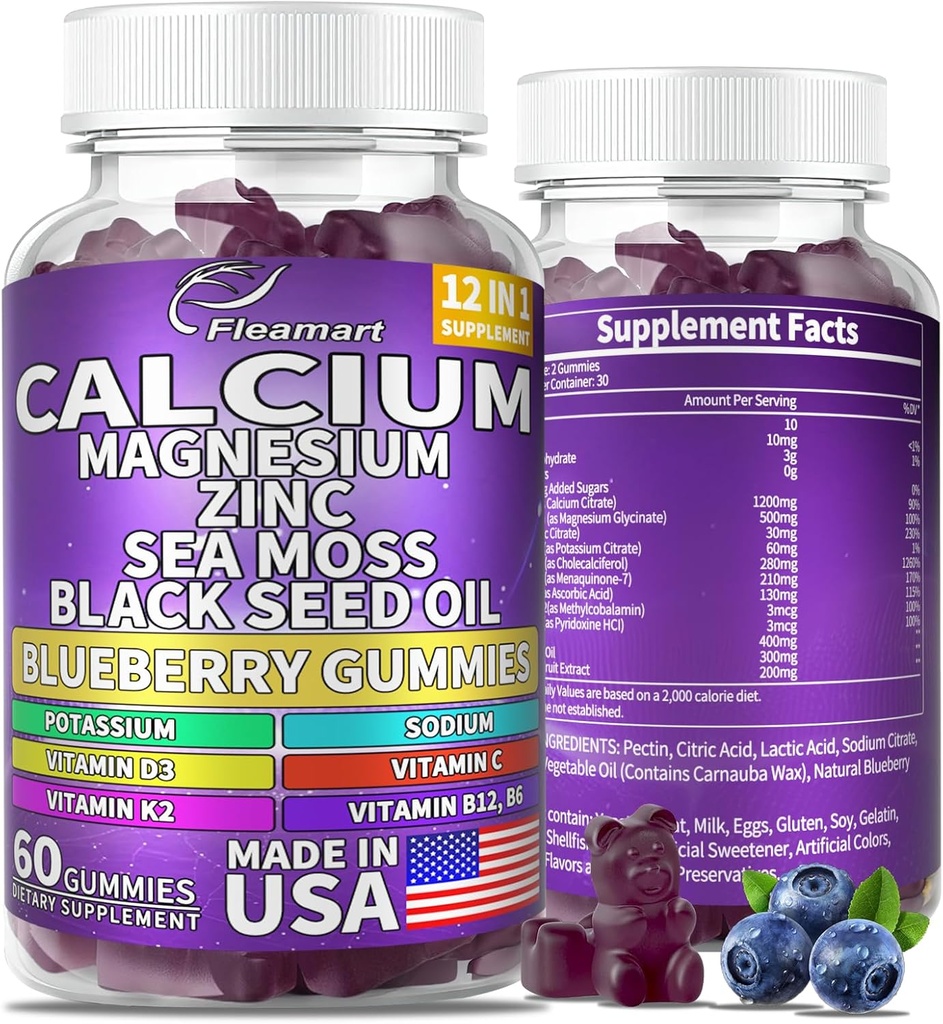Calcium Magnesium Zinc Supplement Gummies Sugar Free for Women and Men Calcium Gummies Supplement Bone & Immune Support Made in USA 60 Counts Blueberry Flavor