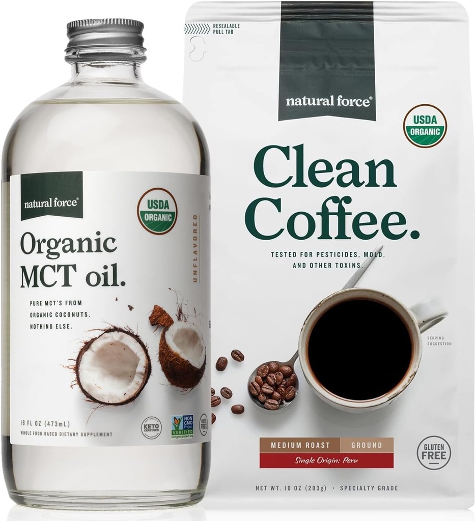 Natural Force Organic Ground Clean Coffee + Organic MCT Oil Bundle – 100% Pure Coconut MCTs & Mold & Mycotoxin Free Coffee – Non-GMO, Keto, Paleo, and Vegan - 10 Oz Bag and 16 Oz Glass Bottle