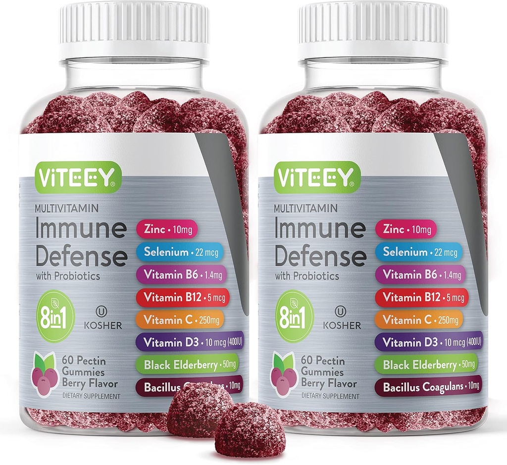 Viteey Multivitamin Gummies 8 in 1 Immune Support Supplement with Probiotics - Immune Boosters for Adults & Teens - Vegetarian, Gelatin Free, GMO Free - Chewable Berry Flavored Pectin Immune Defense