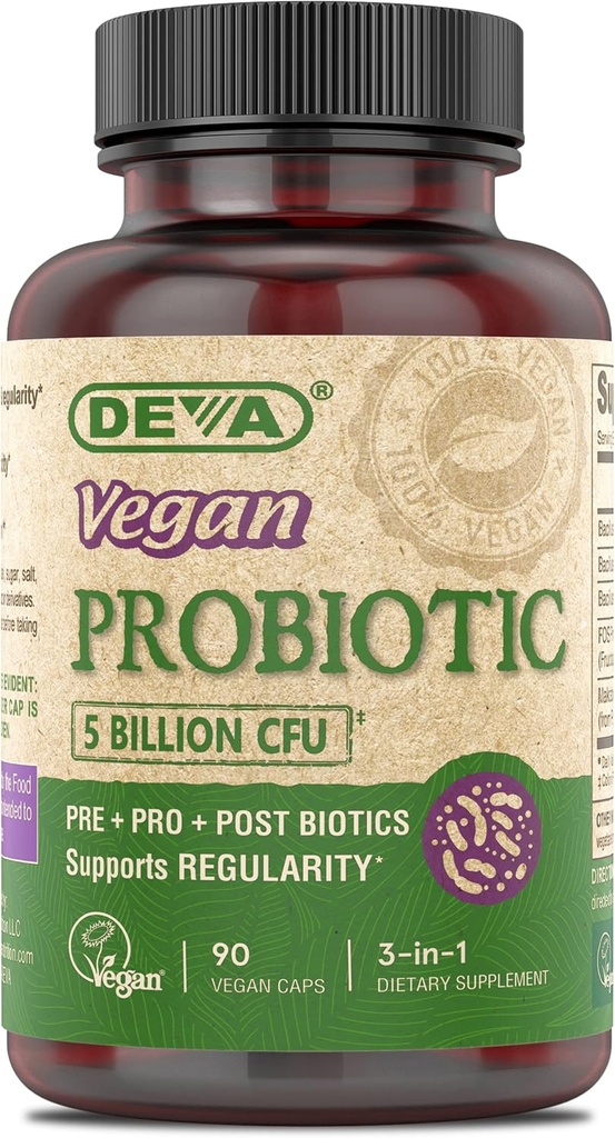 DEVA Vegan Probiotic Supplement - Pre, Pro, and Postbiotics for Digestive Health, 5 Billion CFU, Soil-Based, Spore-Forming, Dairy Free, FOS Prebiotics, for Women and Men, Vegan Capsules, 90 Count