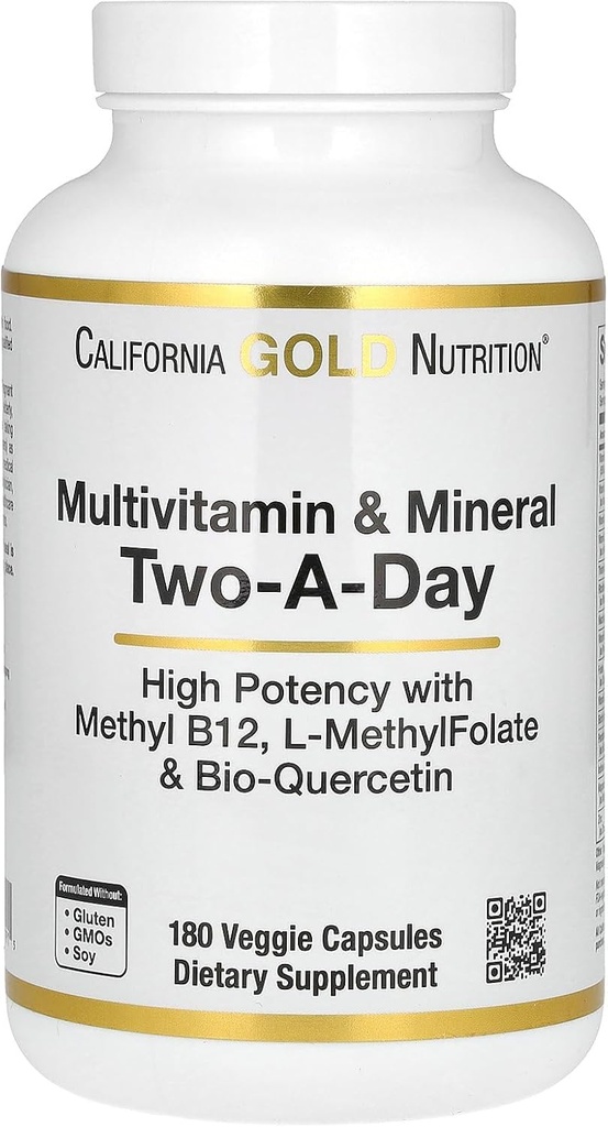 California Gold Nutrition Multivitamin and Mineral with Methyl B12, Vitamin C, L-MethylFolate and Bio-Quercetin, Two-A-Day, 180 Veggie Capsules