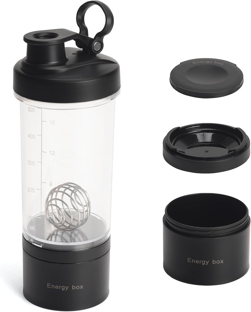 Blender Protein Shaker Tritan Bottle with Pill/Powder Storage Container for Protein Shakes-pre workout bottle-Mixer Cup-Gym Sport Water Bottle with Wire Whisk Balls Black