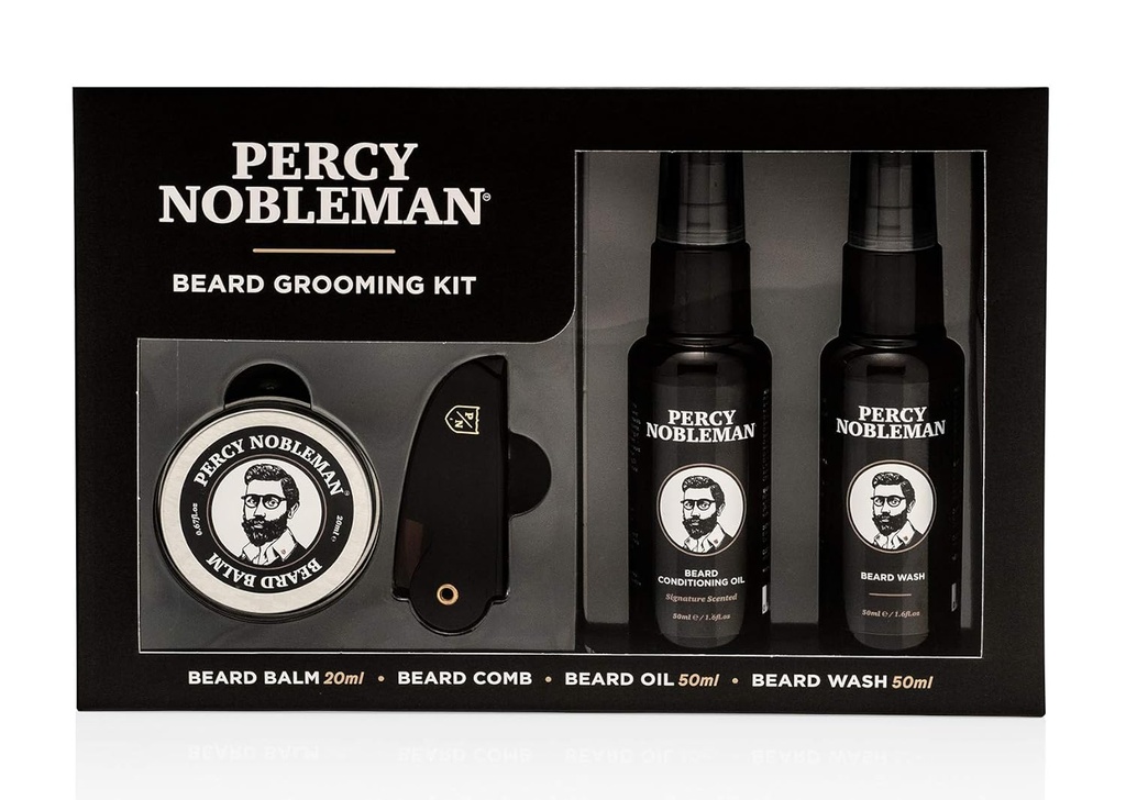 Percy Nobleman Beard Grooming Kit - Signature Scented Beard Oil 50ml, Wash 50ml, Balm 20ml & Comb
