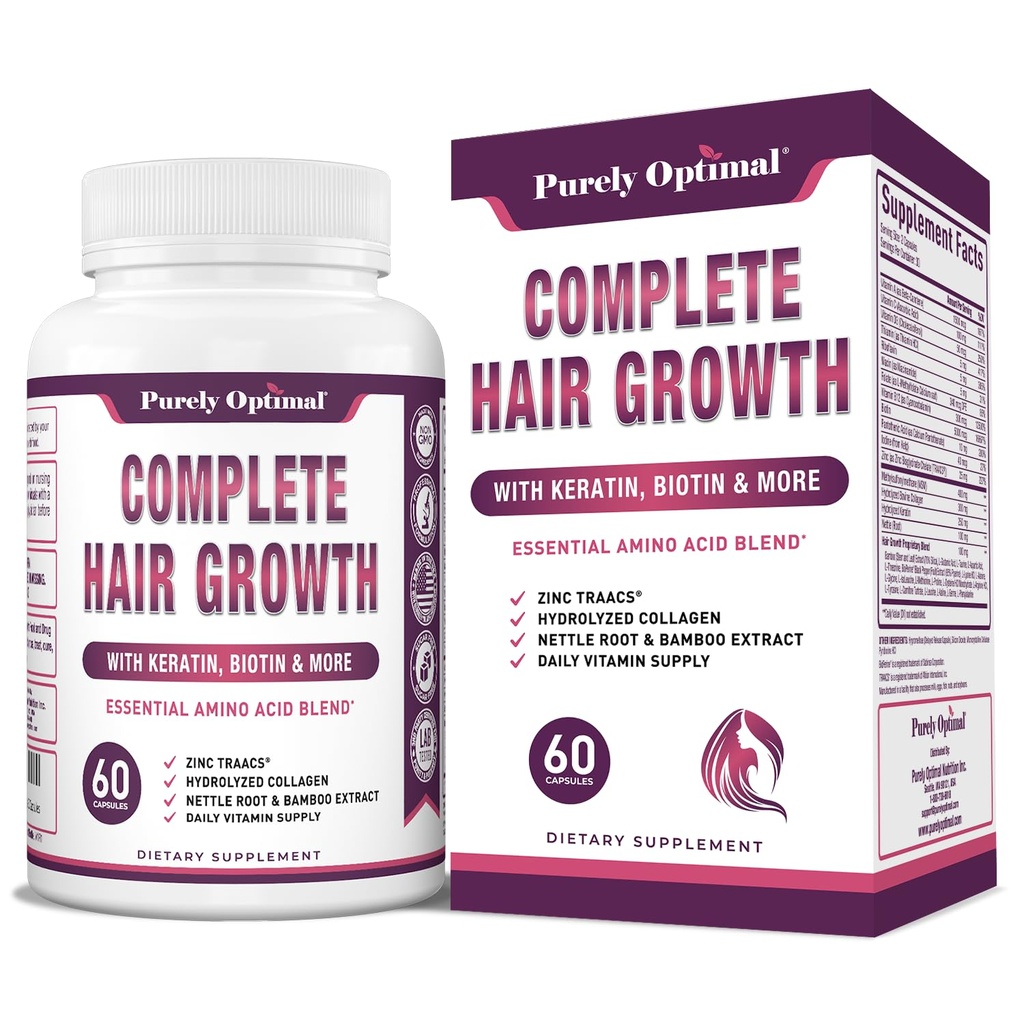 Purely Optimal Complete Hair Growth Vitamins for Women & Men – Supports Thicker, Stronger Hair Growth, Healthy Skin & Nails – Biotin, Collagen, Keratin – Easy-to-Take, Unflavored, 60 Capsules