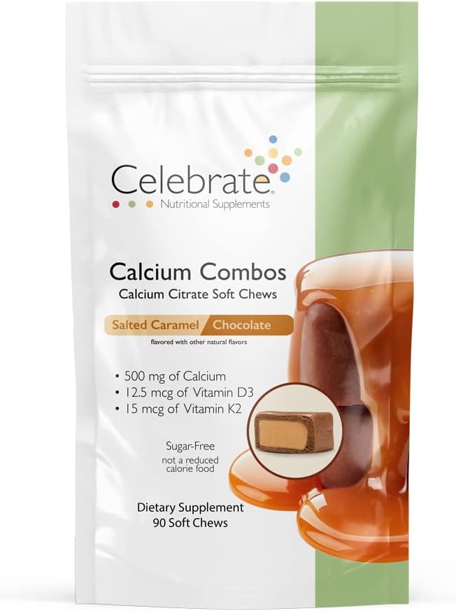 Celebrate Vitamins Bariatric 500mg Calcium Citrate Soft Chews Combo with 500 IU Vitamin D3 – Essential for Gastric Bypass Patients & Bone Health - Sugar & Gluten Free, Caramel Chocolate (90 Chews)