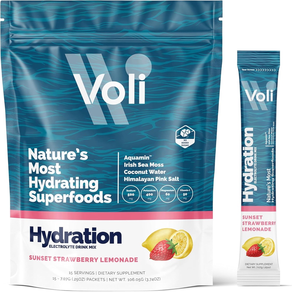 Voli Electrolytes Powder Packets | No Added Sugar Electrolyte Drink Mix for Hydration | Keto & Fasting Friendly, Natural Superfoods & Minerals | Strawberry Lemonade, 15-Count