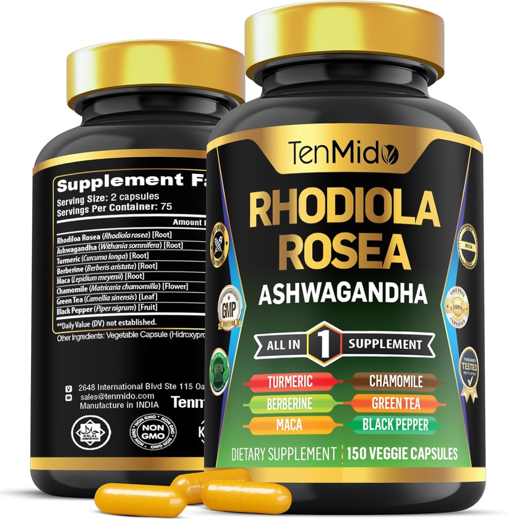Rhodiola Rosea Supplement - 8in1 Formula - Combine with Ashwagandha, Turmeric, Berberine, Maca, Chamomile, Green Tea, and Black Pepper - Nutrient Rich - 150 Vegan Capsules