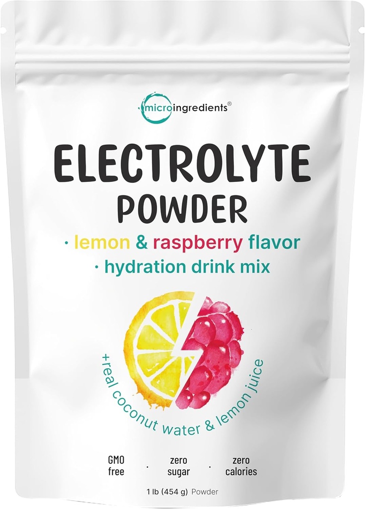 Micro Ingredients Hydration Electrolyte Powder, 1 lb (69 Servings) | Lemon Raspberry Flavor | High Potassium (1,000mg) + Coconut Water & Real Lemon Juice | No Sugar, Keto Friendly | Non-GMO