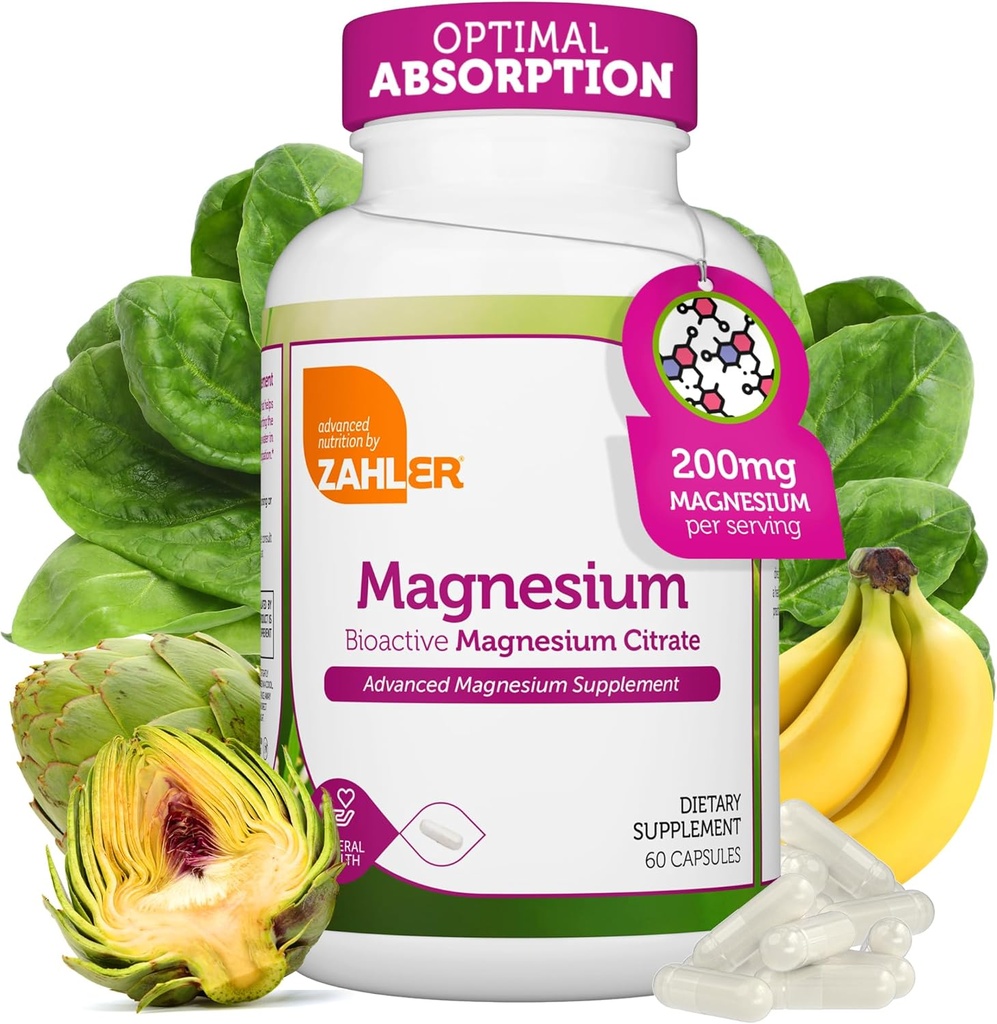 Zahler - Magnesium Supplement Capsules 200 mg (60 Count) Certified Kosher Bioactive Magnesium Citrate for Max Absorption - Natural Magnesium Mineral for Men & Women - Best Magnesium Supplements
