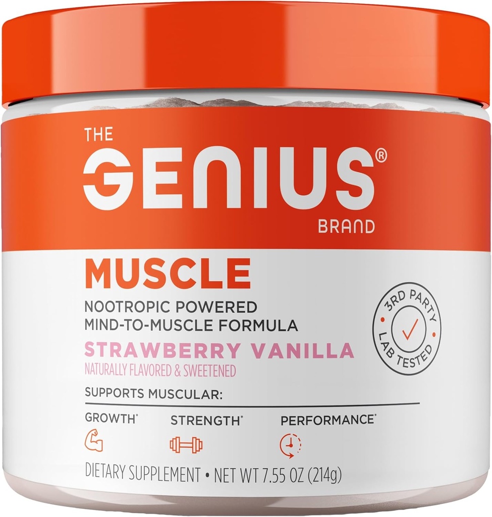 The Genius Brand Genius Muscle - Muscle Health Supplement for Growth, Endurance & Recovery - Non-Hormonal Formula - 6 Organic Mushrooms - Naturally-Sweetened - 30 Servings - Strawberry Vanilla