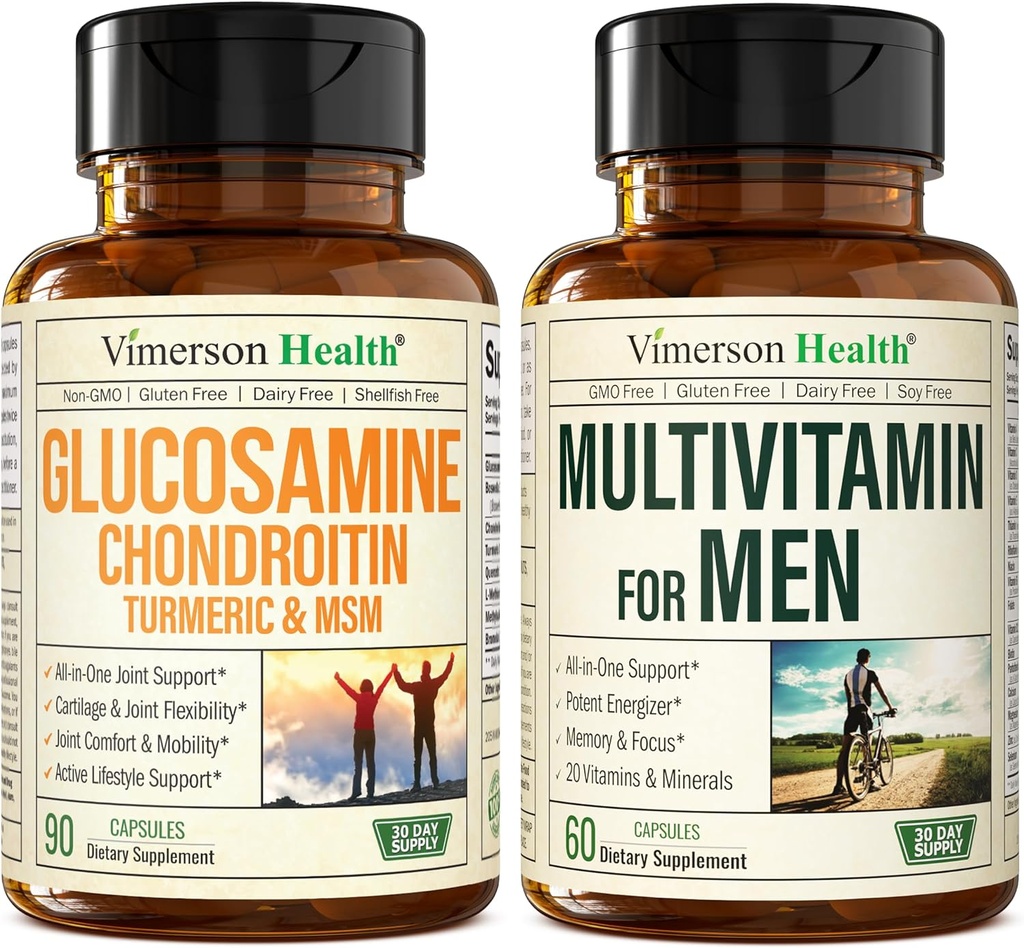 Glucosamine Chondroitin Turmeric MSM + Men’s Multivitamin 2-Bottle Supplement Bundle for Him. Joint Health, Inflammatory Response, Immune Support, Antioxidant Properties