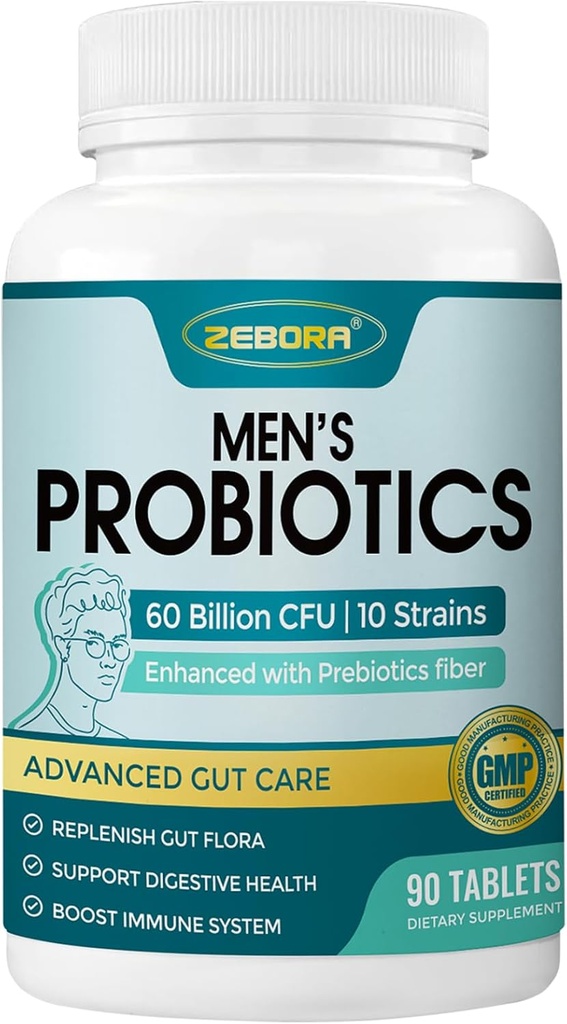 ZEBORA Probiotics for Men and Prebiotics for Digestive Health, 90 Tablets, 60 Billion CFUs for Immune and Gut Health, 10 Strains, Hypoallergenic Probiotics, Shelf Stable, Gluten & Soy Free