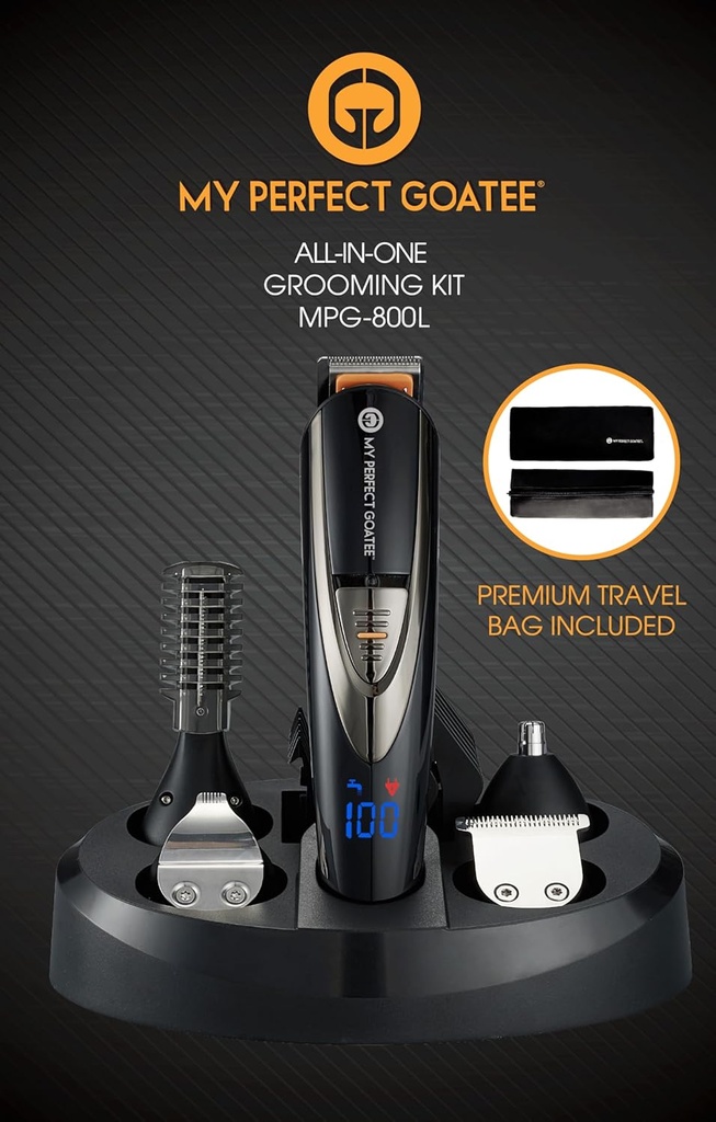 My Perfect Goatee®️ 13-in-1 Mens Grooming Kit - LED Display Beard Trimming Kit with Travel Bag, Charging Stand, & More - Waterproof, Cordless Electric Trimmer for Nose, Body, & More – Ideal Gift Set