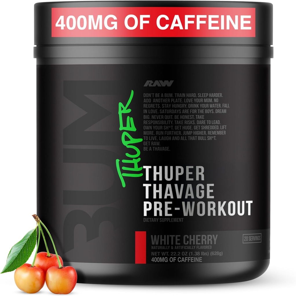RAW Thuper Thavage Pre Workout Powder - High-Stim Preworkout with Creatine, Beta Alanine, L-Citrulline & Caffeine - Chris Bumstead Gym & Fitness Supplement for Men & Women - White Cherry