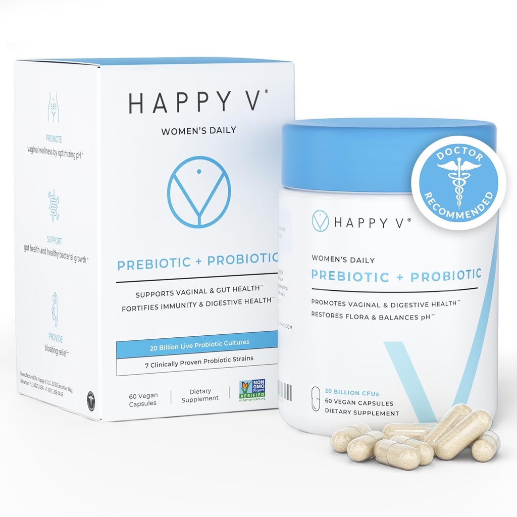 Happy V Dr. Formulated Vaginal Probiotics for Women Odor & Itch Support, Urinary & Gut Health, pH Balance | Womens Daily Probiotic with Patented Prebiotics & Lactobacillus for Feminine Wellness