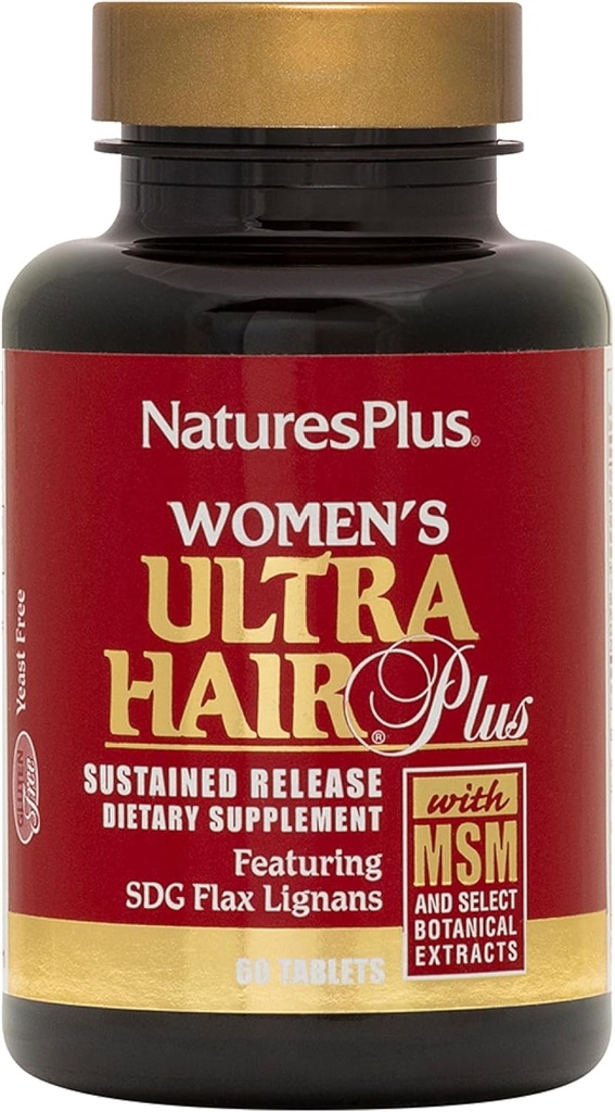 NaturesPlus Women's Ultra Hair Plus, Sustained Release - 60 Tablets - All-Natural Hair Growth Supplement - with Biotin - Promotes Healthy Hair, Skin & Nails - Gluten-Free - 30 Servings