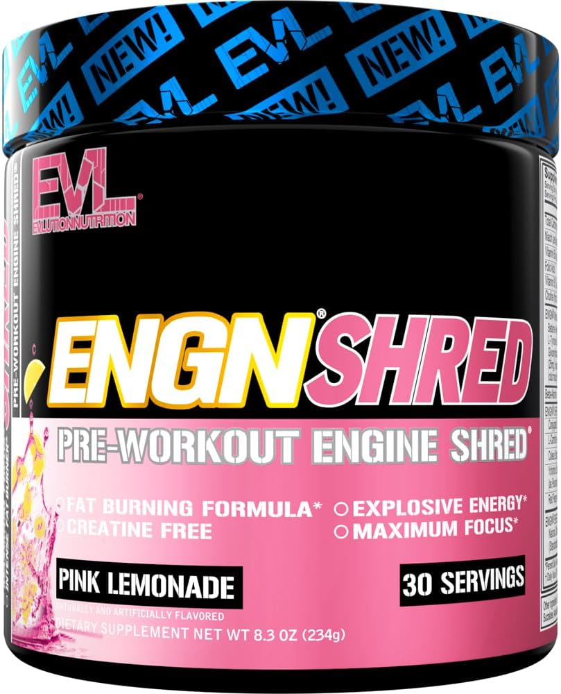 EVL Ultimate Pre Workout Powder - Thermogenic Fat Burn Support Preworkout Powder Drink for Lasting Energy Focus and Stamina - ENGN Shred Intense Creatine Free Preworkout Drink Mix - Pink Lemonade